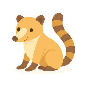 Cheerful cartoon coati with striped tail and tan fur, tropical forest animal coati great for kids designs, mascot logos, or jungle-themed education content.