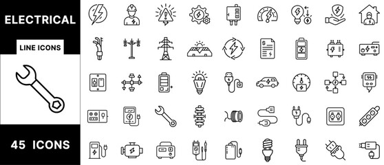 Electrical and Energy Line Icons Bundle Featuring Power Supply, Solar Panel, Battery, Cable, Circuit, Charger, Light Bulb, Socket, and Tools