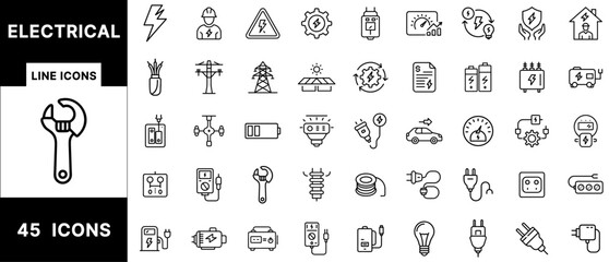 Electrical and Energy Line Icons Bundle Featuring Power Supply, Solar Panel, Battery, Cable, Circuit, Charger, Light Bulb, Socket, and Tools
