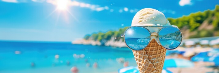 Ice Cream Cone with Sunglasses Reflecting Beach
