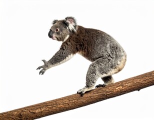 Naklejka premium A fluffy grey koala carefully walks along a thick brown tree branch isolated against a clean white background, reaching out for balance with its small hand.