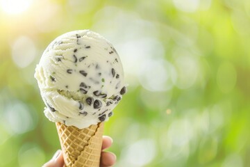 Mint Chocolate Chip Ice Cream Cone on Sunny Day