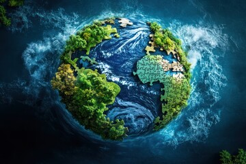 Fototapeta premium metaphorical earth made of puzzle with ecology and pollution symbols, split visual concept
