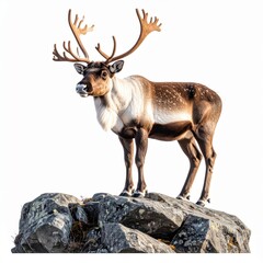 Majestic reindeer standing proudly on a rocky outcrop against a bright white background showing its impressive antlers and distinctive coat in a portrait view.