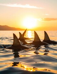 Golden sunlight illuminates the tips of several shark fins slicing through the tranquil ocean surface at sunset, creating a majestic aquatic spectacle to behold.