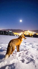 A red fox stands alert in the snowy landscape, gazing toward a distant city glowing under the bright moonlight and sparkling stars in the dark blue sky.