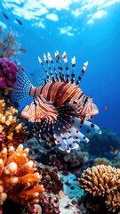 A striking lionfish gracefully navigates through vibrant coral reefs in the clear blue ocean depths, its intricate patterns creating a captivating underwater scene.
