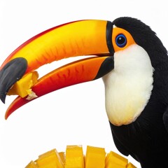 Close-up captures a vibrant toucan with bright plumage, perched against a white background, savo a piece of fresh, succulent mango in its large beak.