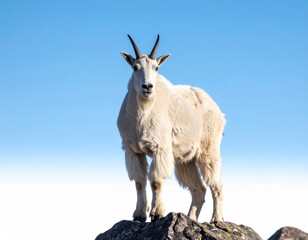 Majestic mountain goat stands proudly on a rocky peak against the crisp, clear blue sky, showcasing its sturdy build and impressive horns in its natural habitat.