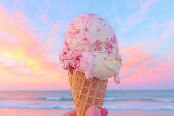 Strawberry Swirl Ice Cream Cone at Sunset Beach