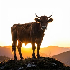 A brown cow stands proudly on a grassy hilltop silhouetted against a bright sunrise with mountains fading into the distance under an early morning sky.