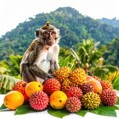 A long tailed macaque monkey sits contentedly amidst a colorful pile of tropical fruits with a lush green mountain backdrop in a vibrant natural setting.