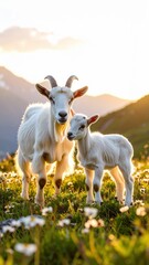 A mother goat and her adorable baby kid stand together in a lush mountain meadow at sunset, bathed in the warm, golden light of the evening sun so beautiful.