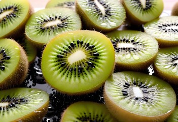 Upward View of Ripe Kiwis with Dew Drops, Low Angle