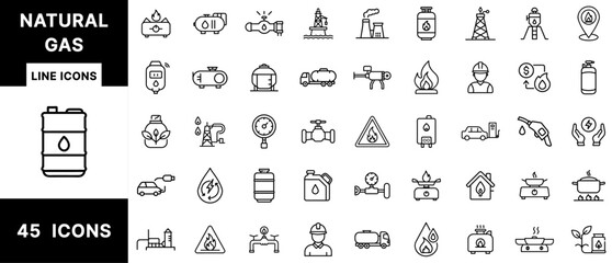 Natural Gas Line Icon Set Featuring LPG Cylinders, Pipelines, Burners, Gas Meters, Fuel Pumps, Boilers, Refineries, Engineers, Valves, and Flame Symbols