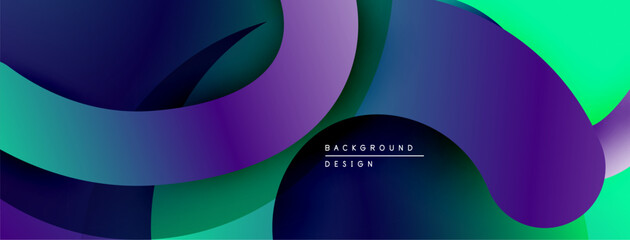 Abstract layers overlap, creating vibrant gradients. Smooth shapes blend purple, green, blue hues. Modern design element.