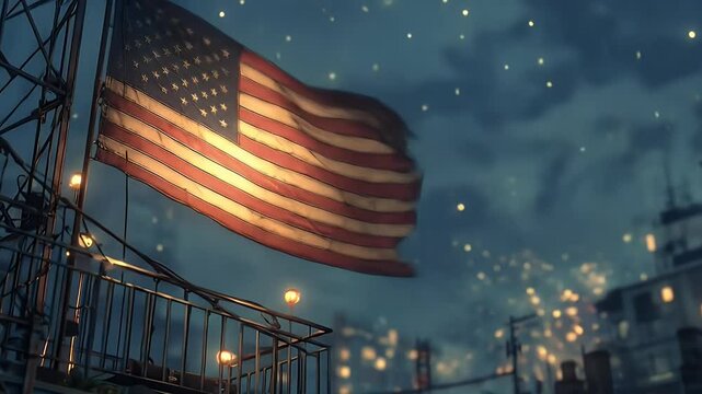 Weathered american flag at night with burning cityscape