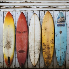 Coastal Echoes – Vintage boards leaning where freedom once rode the waves.

