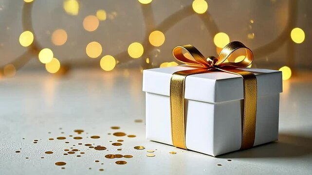 Elegant white gift boxe with golden bow on white tabletop, light background with warm lights of garland. Animated video banner for holiday, birthday party and christmas concept