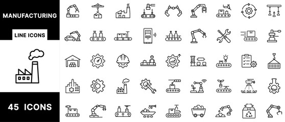 Manufacturing Line Icon Pack Featuring Robotic Arms, Conveyor Belts, Factories, Engineers, Gears, Warehouses, Tools, Automation, Production Lines, and Logistics