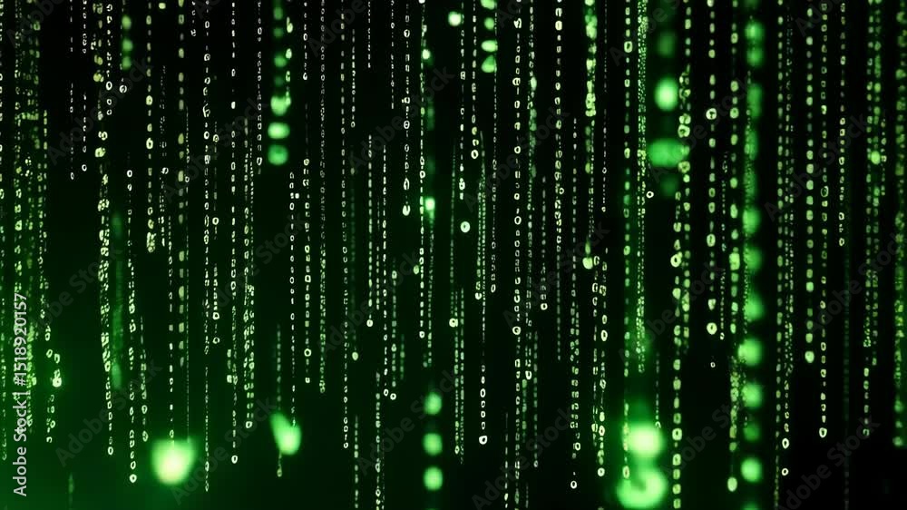 Poster falling green digital binary code rain on dark background creates futuristic high-tech environment s