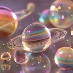 Colorful planet spheres in a cosmic background.
