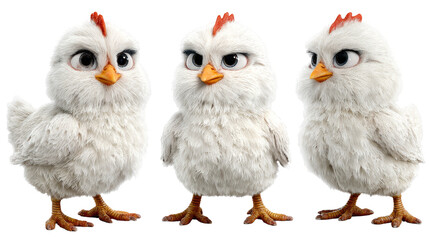 Adorable Animated Chick Character in Three Poses with Fluffy White Feathers
