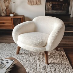 – A plush white chair blending vintage charm with modern simplicity.