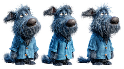 Playful cartoon dog character with fluffy fur and denim shirt poses in three angles