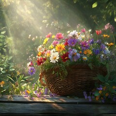  A rustic basket blooms in nature’s warm embrace.