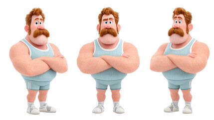 Cartoon muscular man with thick mustache posing confidently in athletic outfit