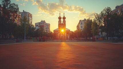Sunset over historic city square featu church with twin towers and surrounding modern buildings with trees and golden sky in urban landscape