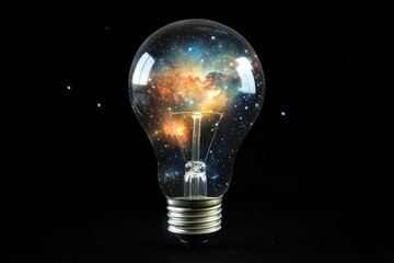 Light bulb glowing with nebula and stars within, surreal galaxy design