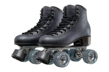 Pair of stylish black roller skates on a transparent background with clear blue wheels