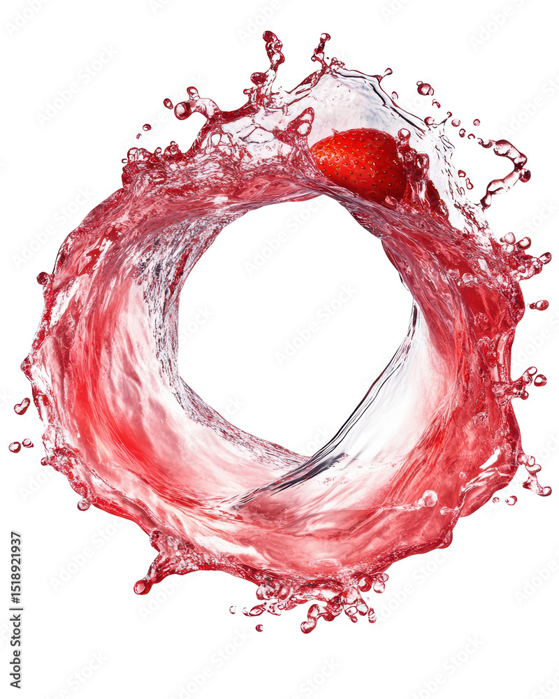 Poster A vibrant red liquid swirls in a circular motion, forming a ring with a single red berry nestled within the splashing vortex