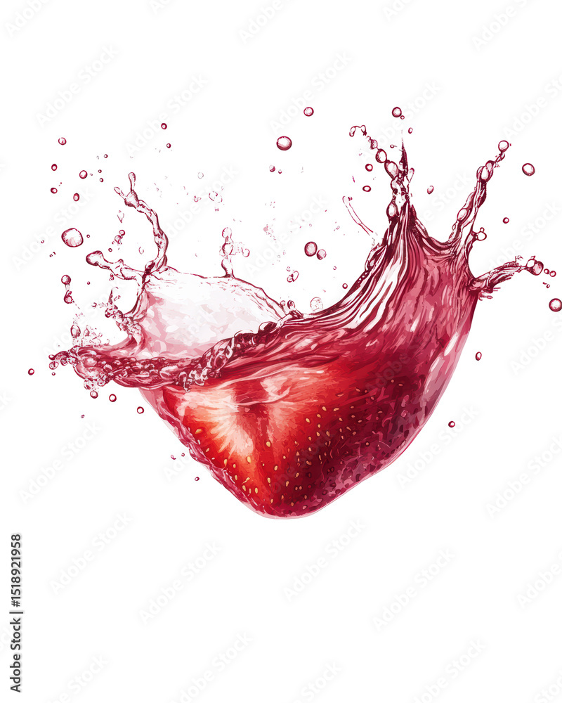 Poster A vibrant strawberry submerged in a crimson liquid, creating a dynamic splash with frothy highlights and a dark background