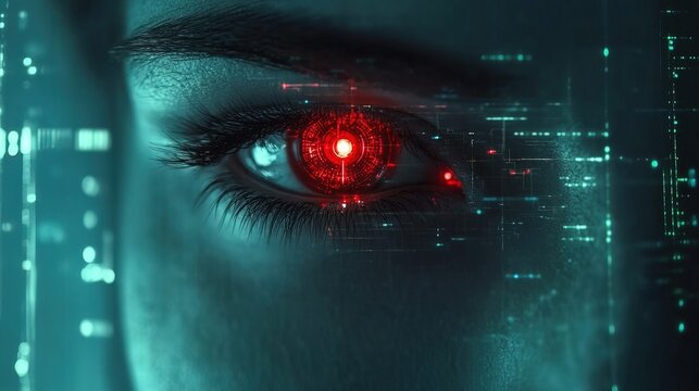 A cyberpunk AI overlord with glowing red eyes overseeing a digital empire 
