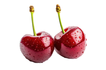 Two glistening, ripe red cherries with stems, showcasing their juicy texture and vibrant color against a black background