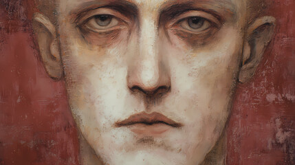 fine art gallery print | artistic solitude | timeless gaze | pale rose and umber | vertical axis centering | symmetrical heads | closed almond eyes | dry pigment application | studio melancholy |