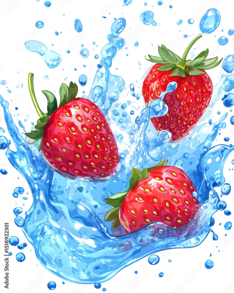 Poster three ripe strawberries splashing into cool, clear water, creating a vibrant, dynamic scene with wat