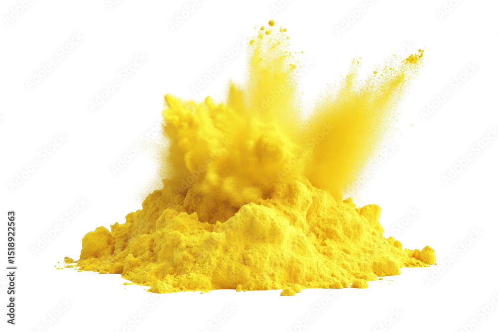 Poster vibrant yellow powder explodes upwards, creating a dynamic, textured cloud against a black backgroun