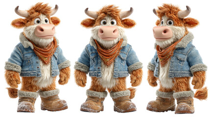 Animated Character of a Cute Cow in Denim Jacket and Boots, Standing Proudly