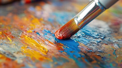 Fototapeta premium Vibrant Palette: A Close-Up of an Artist's Brush and Oil Paints