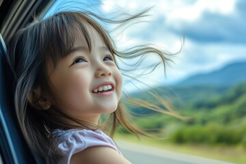 Joyful Asian child girl with hair blowing in wind, leaning out of car window on road trip