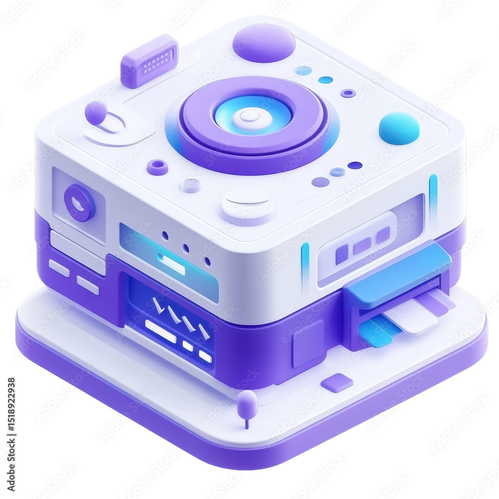 Poster Isometric illustration of a futuristic, cube-shaped device with various technological components and a central spinning disc, rendered in shades of purple and white