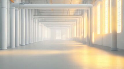 Fototapeta premium Sunlit Industrial Interior Columns Pipes and Sunlight