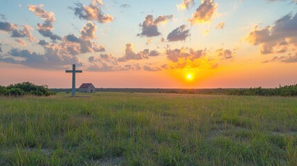 Beautiful rural landscape du sunset with open grassy field, church cross, small building, colorful sky, and peaceful atmosphere in the countryside