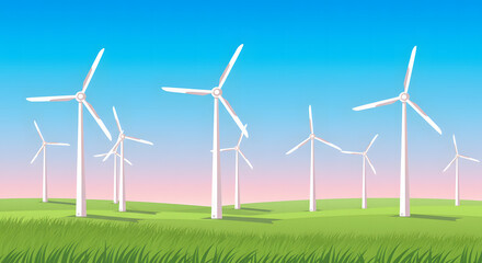 Fototapeta premium Wind turbines generate renewable energy in a green field under a blue sky, an ecological landscape of alternative power