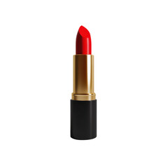 Classic red lipstick in a black and gold tube,  standing upright against a stark black background