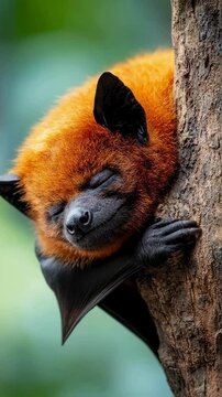 Adorable Red Flying Fox Bat Sleeping Peacefully on Tree Trunk